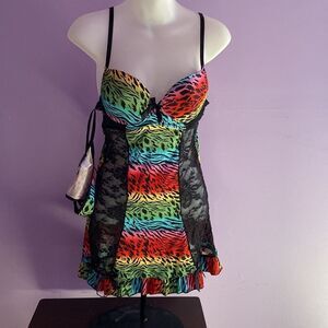 Rampage Rainbow Animal Print Babydoll Set Size M Women's Lingerie Thong